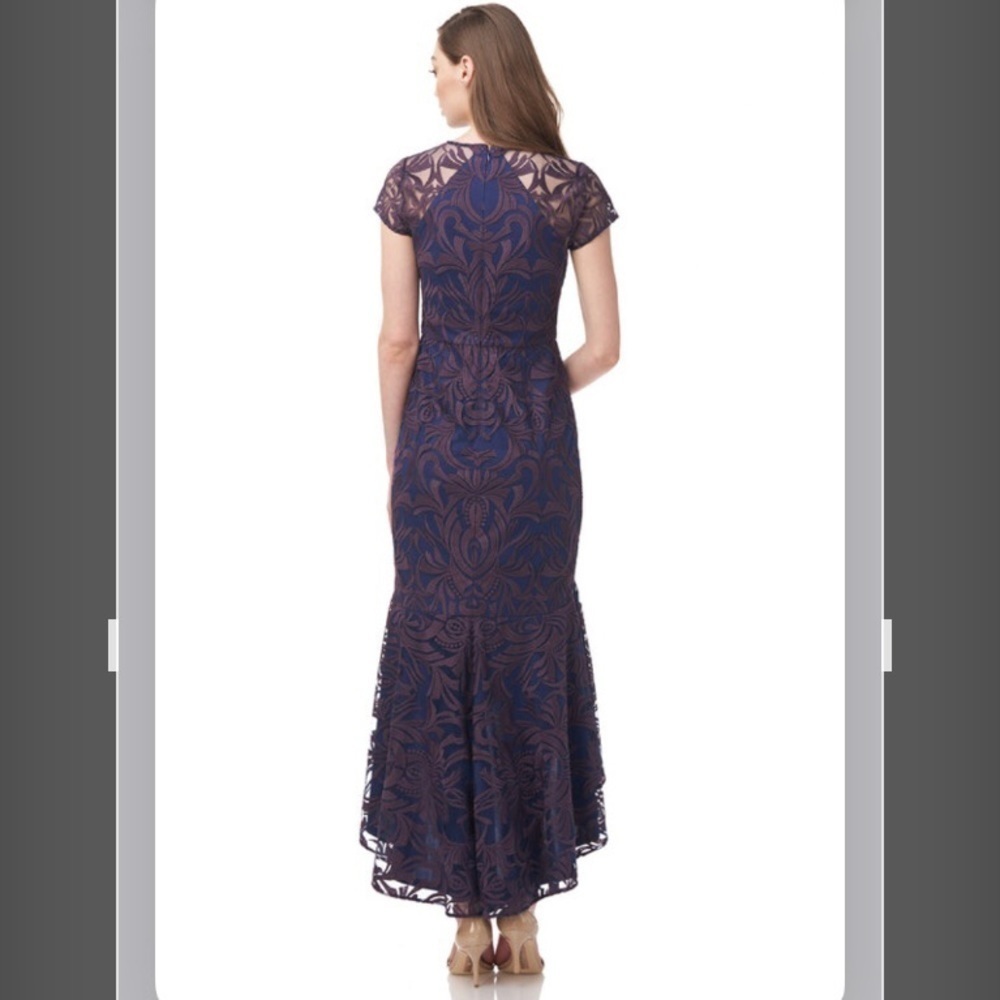 JS Collections Embroidered FAWN JEWEL NECK HIGH-LOW Flounce DRESS in Plum/Navy - Picture 2 of 5